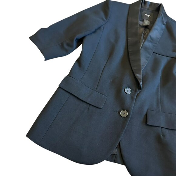 Smythe Black Wool Blend Silk Lapel Blazer Jacket 3/4 Sleeve Ruched Size 6 Womens - Picture 4 of 11